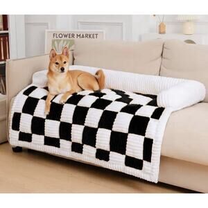 FUNNY FUZZY Dog Couch Cover Bed Large Black Plush Sofa Protector Washable